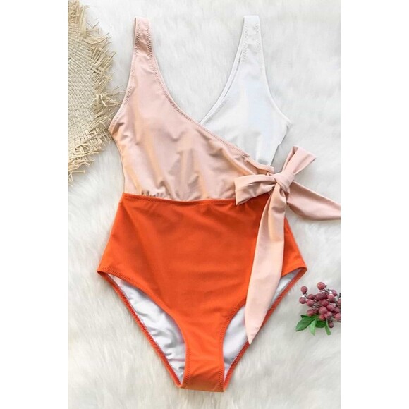 NWT Cupshe Orange &‎ White Bowknot One piece Swimsuit Womens Size L Beach Pool - Picture 3 of 11